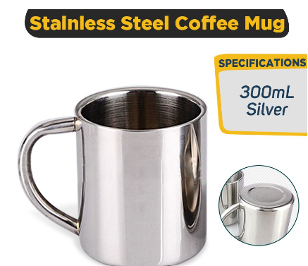 Quaff Stainless Steel Silver Coffee Travel Mug Enamel Mug (300 ML)