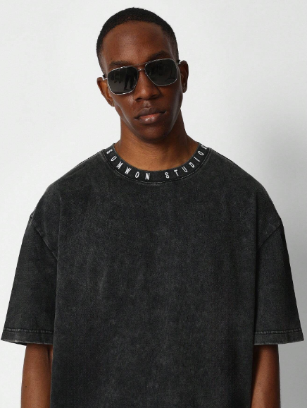 SUMWON Washed Tee With Logo Collar Print