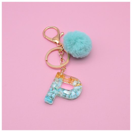 Cute Keyring Green Pompom Fur Ball 26 Letter Keychain Resin Key Chains Handbag Charms For Woman Ornaments Accessories Gift P