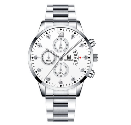 Men's Watch Men's Three Eyes Business Quartz Analog Stainless Steel Watch SILVER WHITE