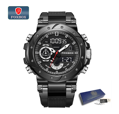 FOXBOX Fashion Digital Watch Men Dial Dual Display Outdoors Waterproof Sport Luminous Silicone Watch BLACK