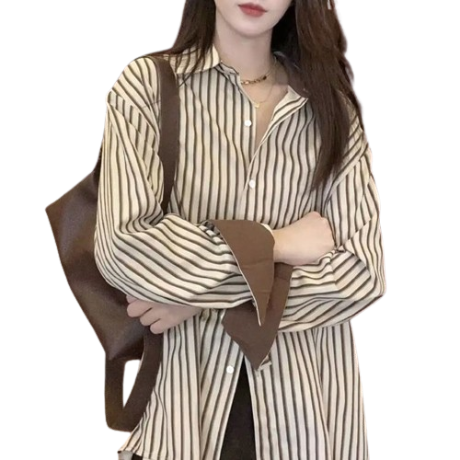 Lovito Women Casual Striped Colorblock Blouse LNE27252 (Brown)