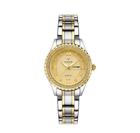 Wwoor Luxury Women Watches Waterproof Quartz Wristwatch Analog Clock Stainless Steel Strap Ladies Watch  GOLD DIAL TWO TONE