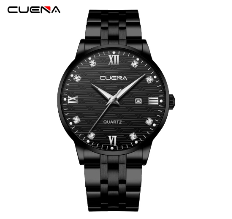 CUENA Men's Original Watch Luxury All Steel Fashion Business Analog Quartz Waterproof Watch BLACK SILVER