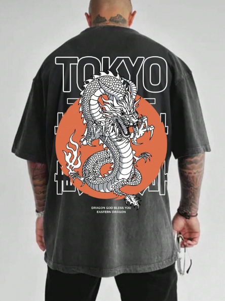 Manfinity LEGND Men Plus Chinese Dragon Printed Drop Shoulder Sleeve T-Shirt