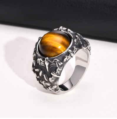 Tiger Eye Stone Signet Rings for Men Stainless Steel Male Finger Ring