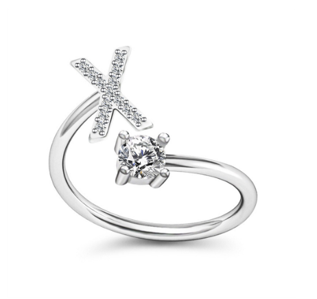 Simple Rhinestone 26 Letter Rings For Women Sliver Color Initials Adjustable Ring Opening Finger Accessories Wedding Jewelry X