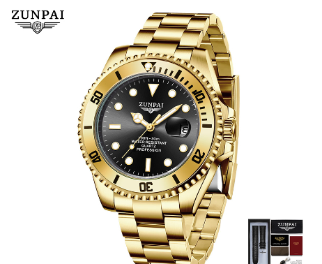 ZUNPAI Watch for Men Original Waterproof Stainless Steel Silver Gold Fashion Business Trend Calendar Luminous Watch  GOLD BLACK