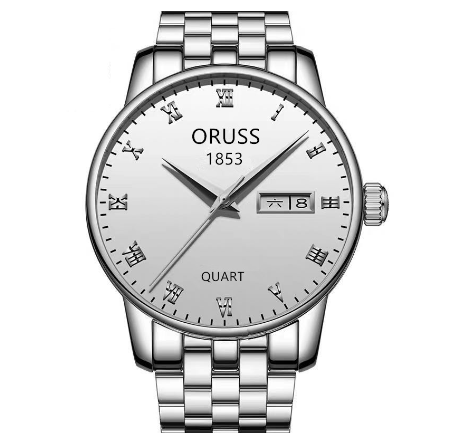 Oruss Luxury Silver Watch Men Original Waterproof Automatic Dual Calendar Quartz Watch Fashion Stainless Steel Strap Men Watch Relo 006