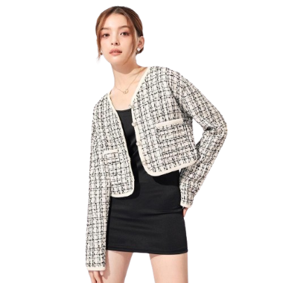 Lovito Women Elegant Plaid Button Pocket Contrast Binding Korean Style Jacket L32Fw096 (Creamy-White)