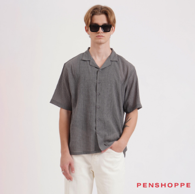 Penshoppe Relaxed Fit Textured Shirt For Men (Gray/Maroon)