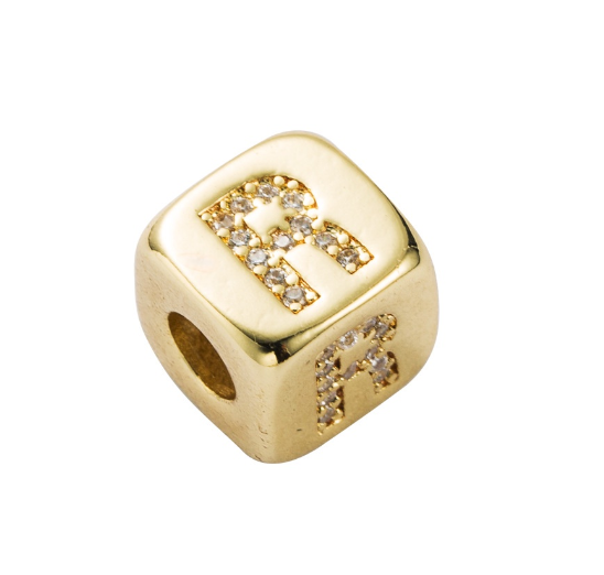Gold Rhinestone Letters Cube Charm for Bracelet Necklace A-Z Alphabet Dice Beads R
