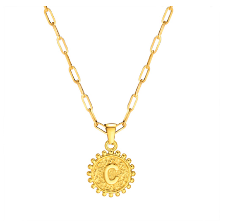 Vnox Initial 14K Gold-Plated Necklace, Round Pendant Adjustable Alphabet Letter Necklace for Women Men C