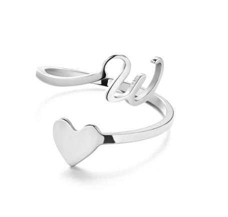 Silver Stainless Steel A-Z Rings Initial Letters Heart Rings Women Fashion Non Fading Jewelry Adjustable W