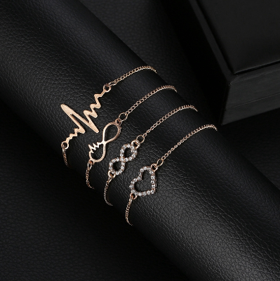 4PCS/Set Rhinestone Love Heart Charm Chain Bracelet Set Women