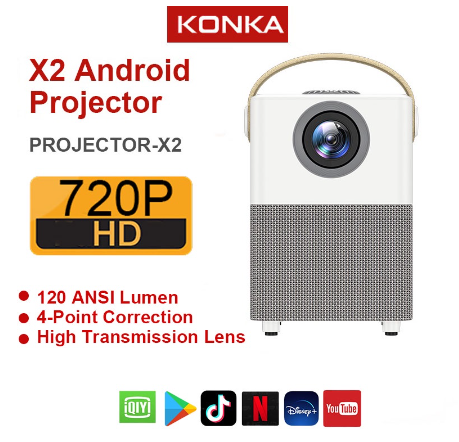 KONKA Smart Projector 1080P 4K Decode HD Android 9.0 Lumos Projector Portable for Phone and Laptop