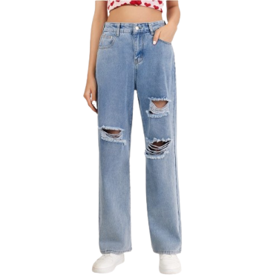 Lovito Casual Plain Ripped Pockets Jeans For Women L20DD02 (Blue)