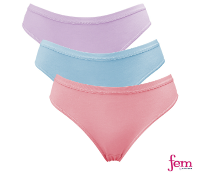 Fem by Hanford Ladies Women Teens Comfy Cotton Bikini Panty Paige - Plain Colors Asstd 3in1 Pack