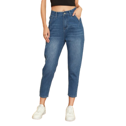 Lovito Women Casual Plain Cat Whisker Tapered Pocket Pants Textured Jeans L25ED060 (Blue)