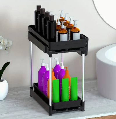 1/2pcs Pull Out Organizer, Dual Sliding Bathroom Organizer And Storage Space With Hanging Cups, Multi-purpose Adjustable 2-layer Drawer Cabinet Organizer, For Bathroom And Kitchen, Home Organizers And