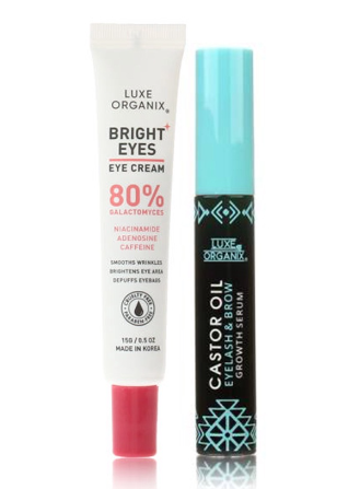 Luxe Organix Bright Eyes Eye Cream 80% Galactomyces 15g & Castor Oil Mascara Serum 10mL Bundle