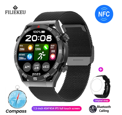 FILIEKEU Watch Ultimate GPS compass smart watch bluetooth call waterproof sports fitness ECG smart watch BLACK MESH STRAP