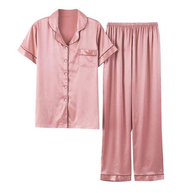 FallSweet Women Pajamas Sets Silk Solid Sleepwear Pyjamas Plus Size V Neck Nigtwear Sets (Pink)