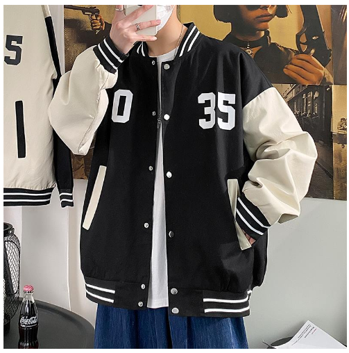 Varsity Jacket For Women and Men Korean Style Vintage Printed Baseball Jackets Oversized Trendy Street Outdoor Unisex Baggy Coats Black