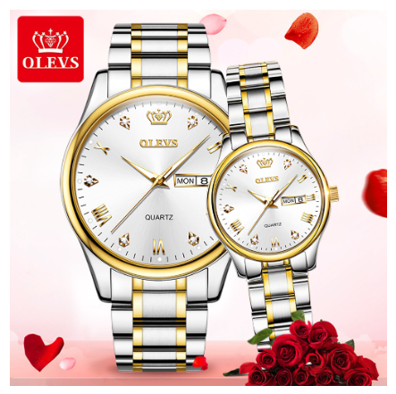 Olevs Couple Watch Waterproof Original Quartz Stainless Steel Luminous Calendar Fashion Leather Watch WHITE DIAL TWO TONE