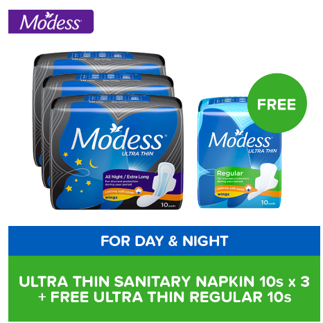 Modess Discreet Protection Pack: Ultra Thin All Night Napkin 10x3 Free Ultra Thin Regular Napkins 10s