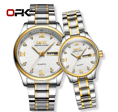 OPK Couple Watch Waterproof Authentic Quartz Calendar Luminous Stainless Steel Original Watch WHITE DIAL TWO TONE