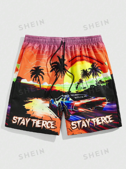 ROMWE Street Life Men's Vacation Drawstring Waist Casual Shorts With Letter & Car Print
