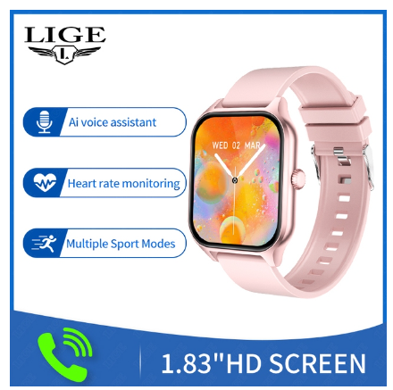 LIGE Original Smart Watch Men Women 1.83 inch HD Screen Bluetooth Call Smart Bracelet Men Health Monitor Sport Watch SILICONE PINK