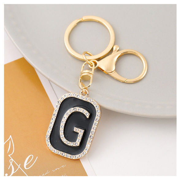 Exquisite Rhinestone 26 Letter Keychain Simple Black Enamel Initials Keyrings For Women Bag Pendant Ornament Car Keyholder Gifts G