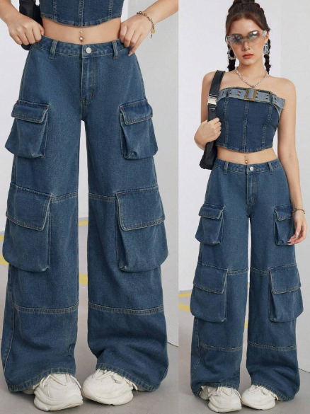 SHEIN Teen Girls Y2K Trendy Low-Waisted Retro Washed Flap Pockets Cargo Denim Wide Leg Pants