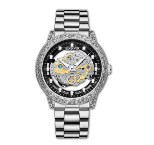Binbond 100% Original Men's Double Hollow Fashion Stainless Steel Luxury Waterproof Gold Business Quartz Watch M7