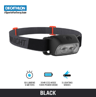 Decathlon Forclaz Battery Powered Trekking Head Lamp - ONNIGHT100 - 80 Lumens - Black