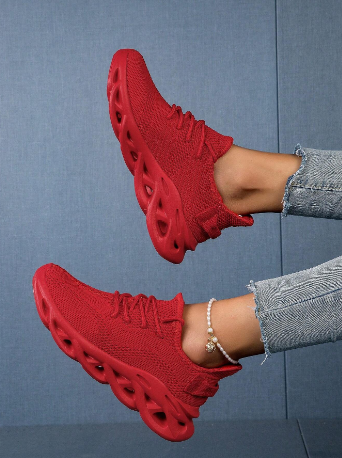 Women's Fashionable Red Hollow Out Thick-Soled Sneakers, Lightweight Shock-Absorption & Comfortable Running Shoes, Chunky Shoes Style