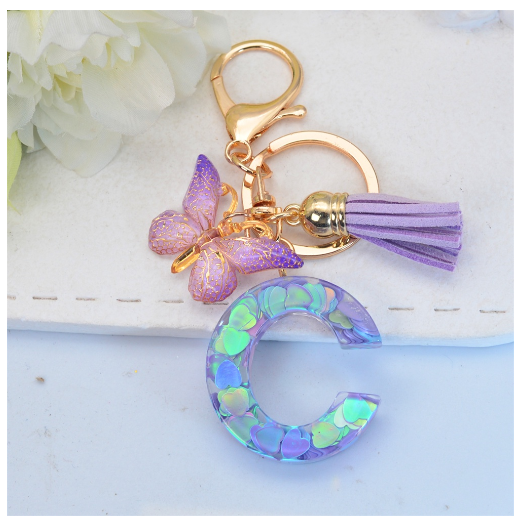 Sparkling 26 Letter Keychain With Butterfly Pendant Exquisite Heart Sequin Filled A-Z Initials Keyrings Bag Pendant Charms Gifts C