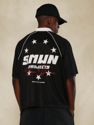 SUMWON Boxy Mesh Polo Tee With Piping Detail And Graphic Print