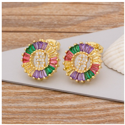 Colorful Choice 26 Initial Letters Earrings Cute Alphabet Copper CZ A-Z Rainbow Stud Earrings Name Jewelry B