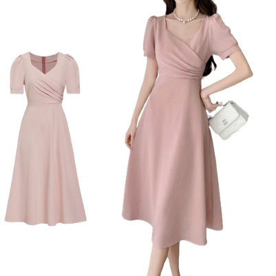 Lovito Women Elegant Plain Wrap Puff Sleeve Dress L77ED262