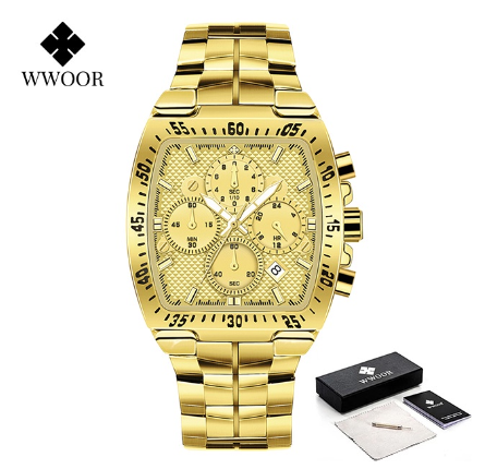 Wwoor Luxury Square Watch Men Military Steel Gold Black Quartz Waterproof Sports Chronograph Wristwatch ALL GOLD