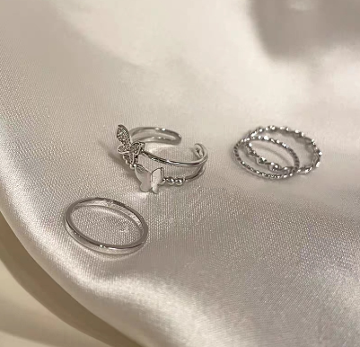 4Pcs/set 925 Silver Ring Set Butterfly Rhinestone Women Finger Rings