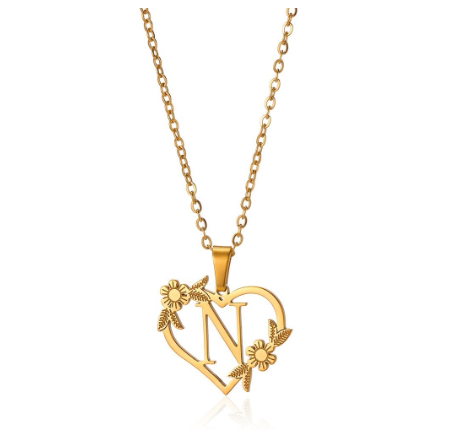 New Personalized Creative Gold Plated Stainless Steel Love Flower Hollow Heart A-Z Letter Necklace Initial Name Pendant Women's N