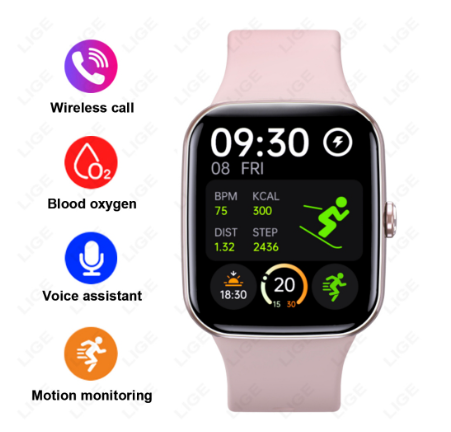 LIGE Original HD Full Touch Screen Bt Call Smart Watch Fitness Tracker Heart Rate 100+ Sports Waterproof Men's WristWatch PINK