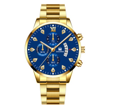 Men's Watch Men's Three Eyes Business Quartz Analog Stainless Steel Watch GOLD BLUE