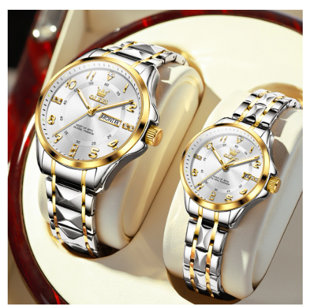 Olevs Couple Watch Waterproof Stainless Steel Box Gold Luxury Business Texture Luminous Watch WHITE DIAL TWO TONE