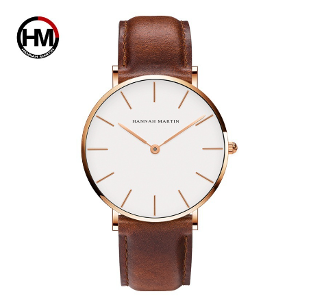 Hannah Martin Casual Watch Men Sports Quartz Wristwatch Waterproof Leather Wrist Watch BROWN GOLD WHITE