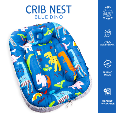 Kozy Blankie Blue Dino, Dino World, Jurassic Dreams Blue & Zoo Party Cotton Portable Baby Crib Nest